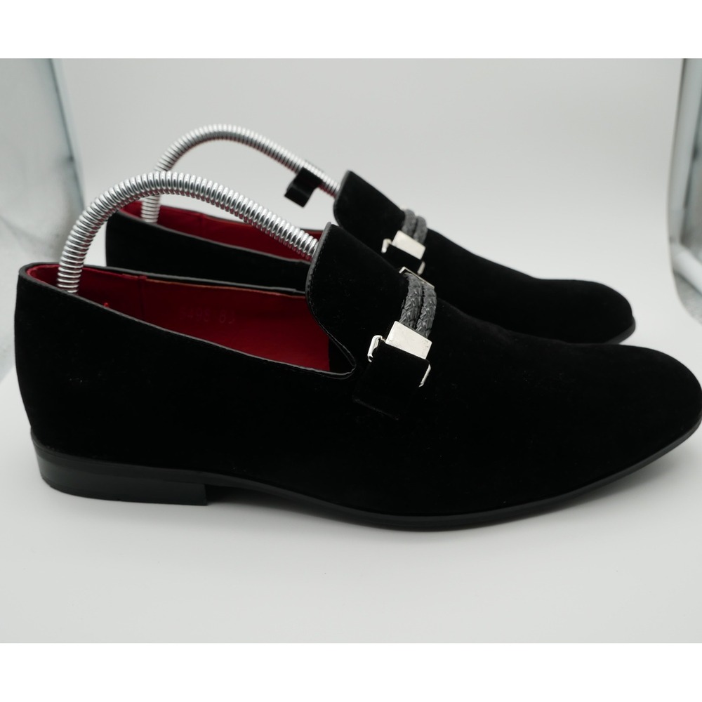 TR Premium Mens Black Velvet Braided Strap Loafers Red Lining 5498 Size 8.5